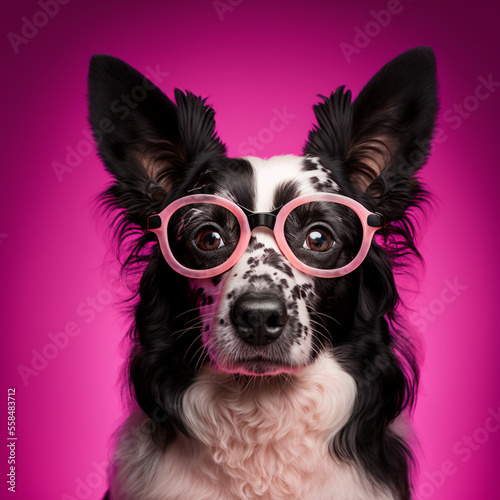 Dog with glasses on a pink background. Generative AI. © DALU11