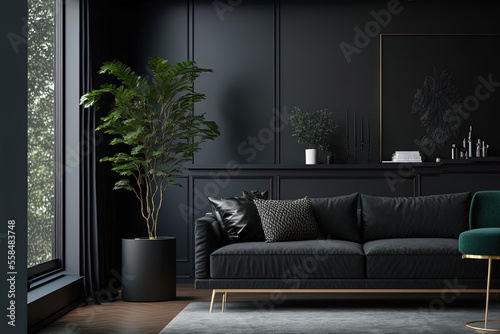 luxury modern dark living room interior, mock up of a black empty wall. Generative AI
