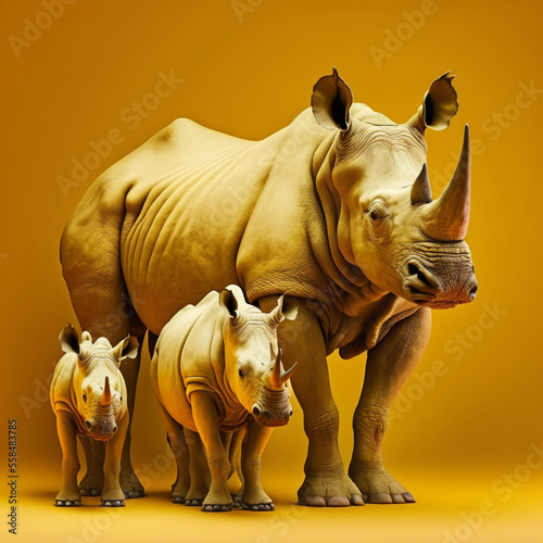 Rhino family on a yellow background. Generative AI.