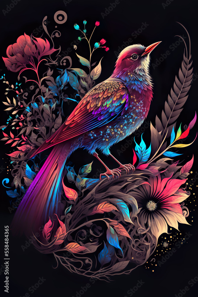 Fantasy Pink Bird on flowers, Luxury wallpaper. prints, poster, AI illustration.