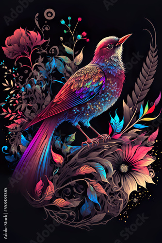 Fantasy Pink Bird on flowers, Luxury wallpaper. prints, poster, AI illustration. © liliya