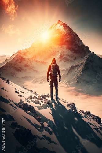 high altitude climber in front of alpine mountain with glacier. Adventure achievement and success concept. designed using generative ai.  © XtravaganT