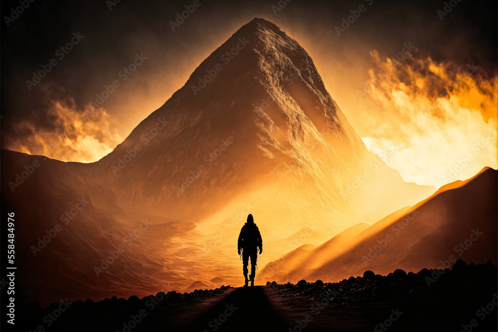 Silhouette of a hiker standing in front of a gigantic mountain. Designed using generative ai. 
