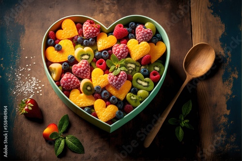 Bowl of fresh and colorful heart-shaped fruit salad,Valentines Day ,copyspace text,generative ai background with print space text © DRINK- FOOD Mania
