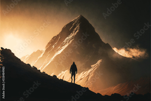 Silhouette of a hiker standing in front of a gigantic mountain. Designed using generative ai.  © XtravaganT