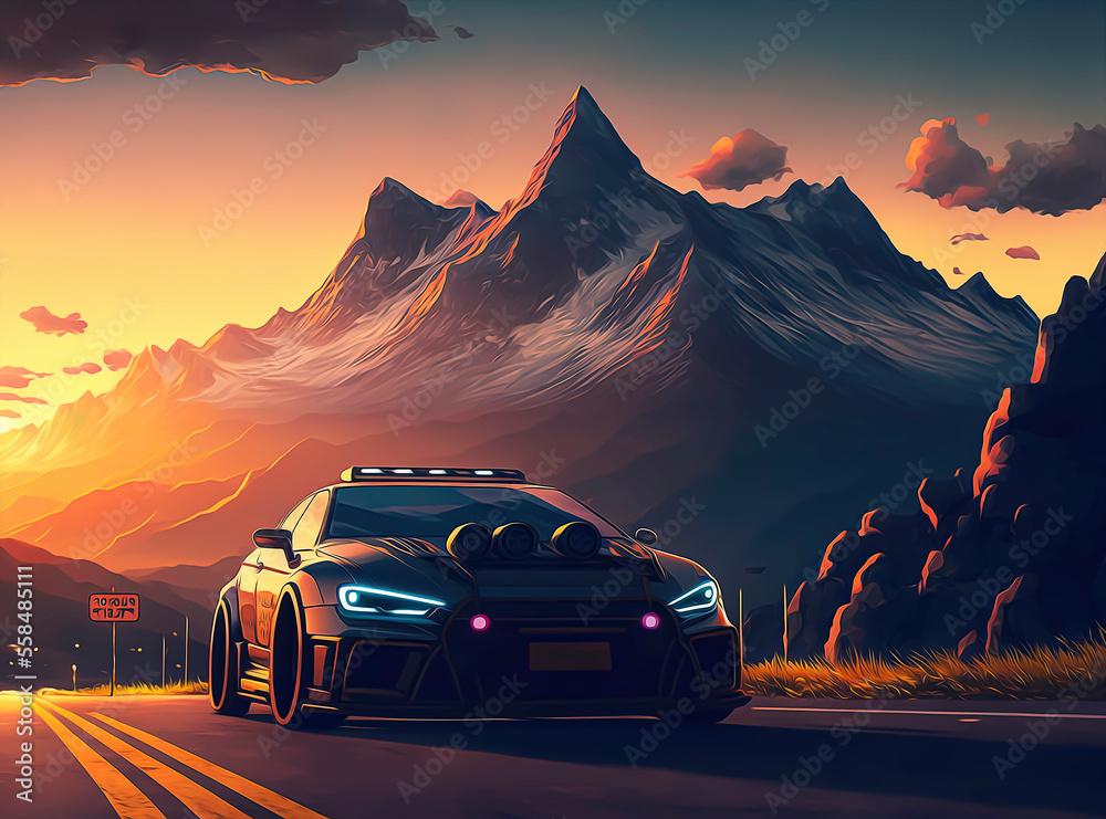 car driving on the road towards the sunset, scene with mountains and sunset