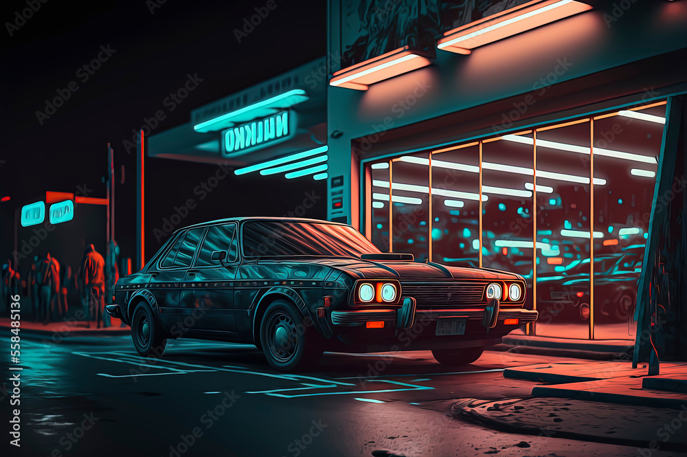 car parked in front of a building at night, cinematic lighting, retrowave