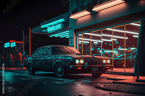 car parked in front of a building at night, cinematic lighting, retrowave © Fernando