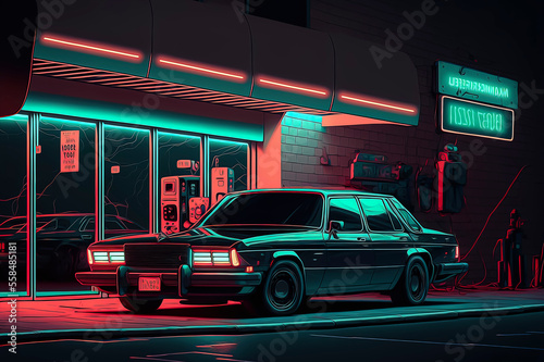 car parked in front of a building, cyberpunk, retrofuturism, retrowave, synthwave