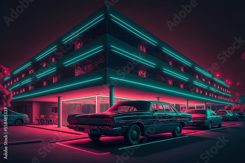vintage car parked, neon lights on the scene © Fernando