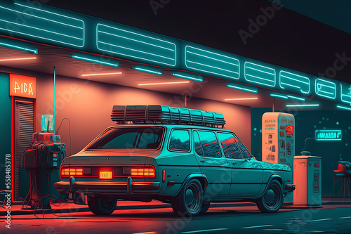 vintage car parked, neon lights on the scene