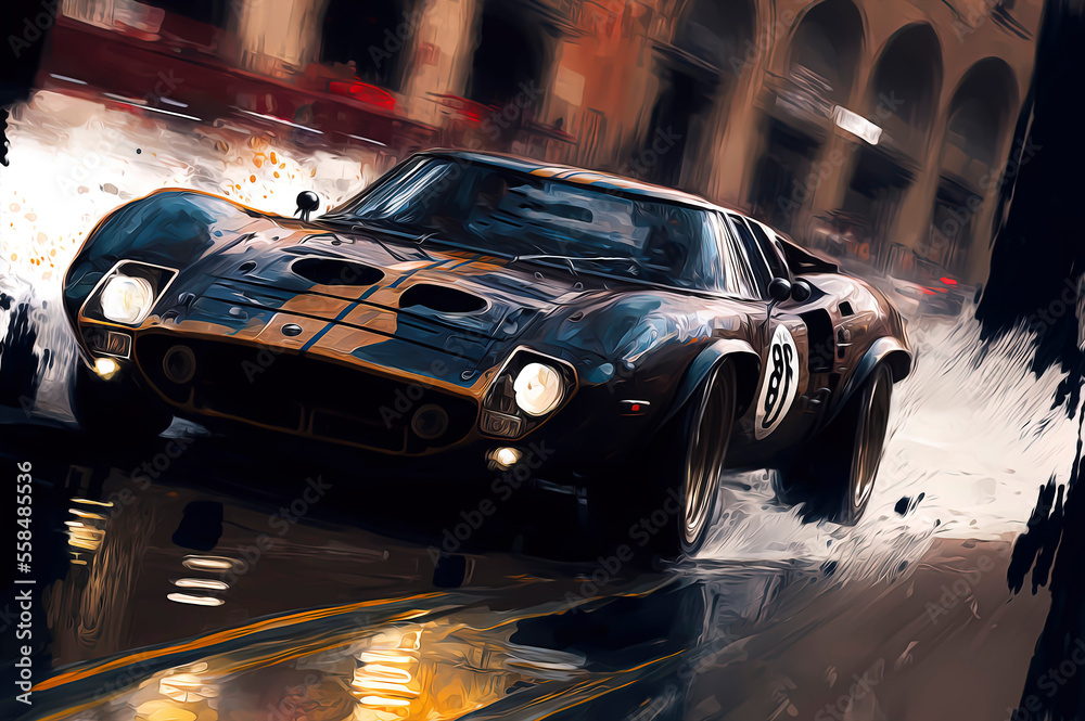 quick stroke oil painting of a car at high speed down a street, cinematic action chase scene