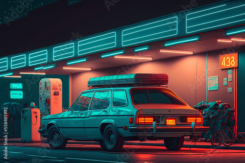 vintage car parked  cinematic scene with neon lights