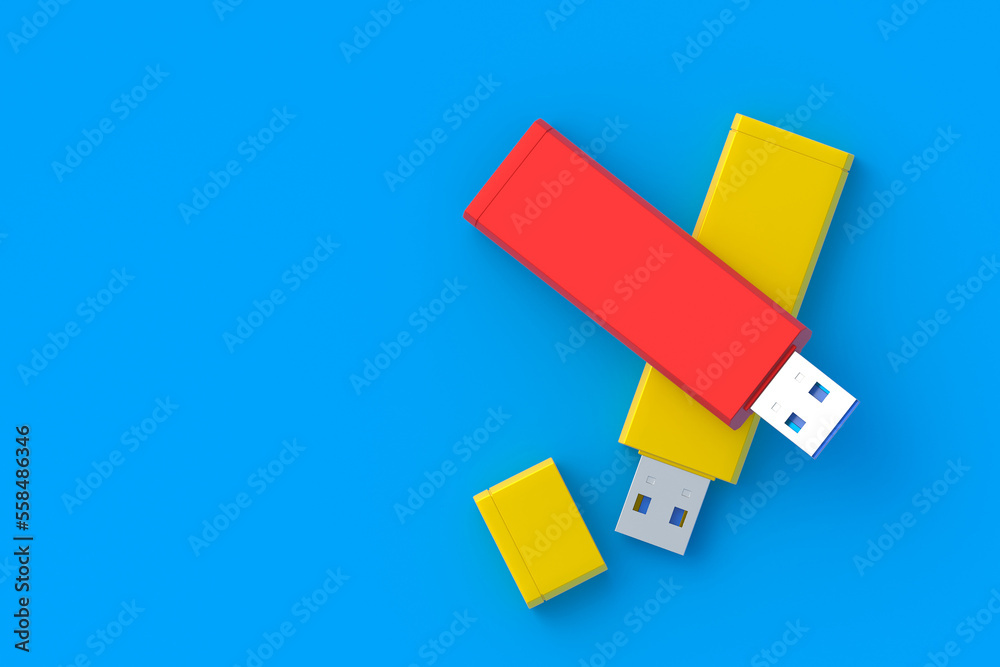 Flash drives, usb memory sticks. Electronic access key. Data storage. Top view. Copy space. 3d render Flash drives, usb memory sticks. Electronic access key. Data storage. Top view. Copy space. 3d render