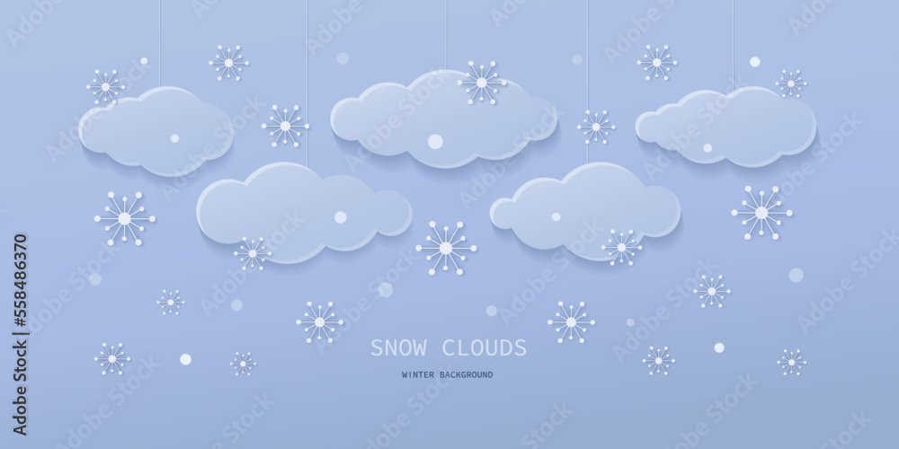 Snow clouds. Paper cut clouds with snow fall on blue sky background. Winter banner with snowflakes.