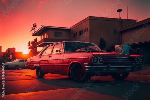 elegant red car parked, sunset in the background