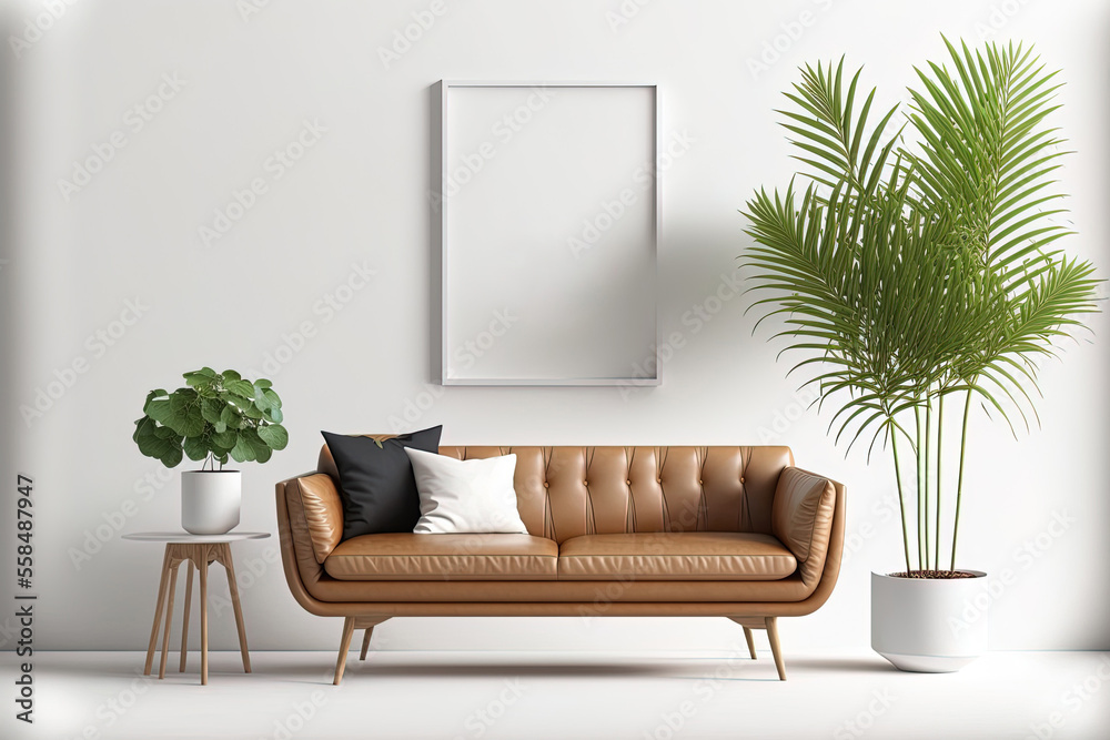 Interior living room wall mockup on a white background with a leather sofa and accessories. Generative AI Interior living room wall mockup on a white background with a leather sofa and accessories. Generative AI