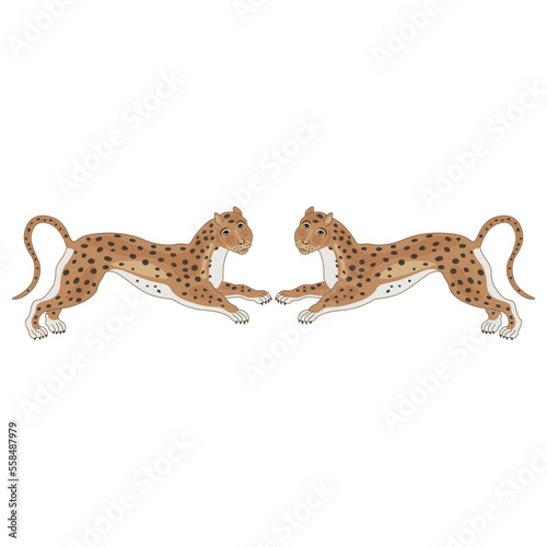 Canvas Print Symmetrical animal design or frame with two stylized spotted wild cats or leopards