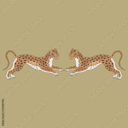 Photography Symmetrical animal design or frame with two stylized spotted wild cats or leopards