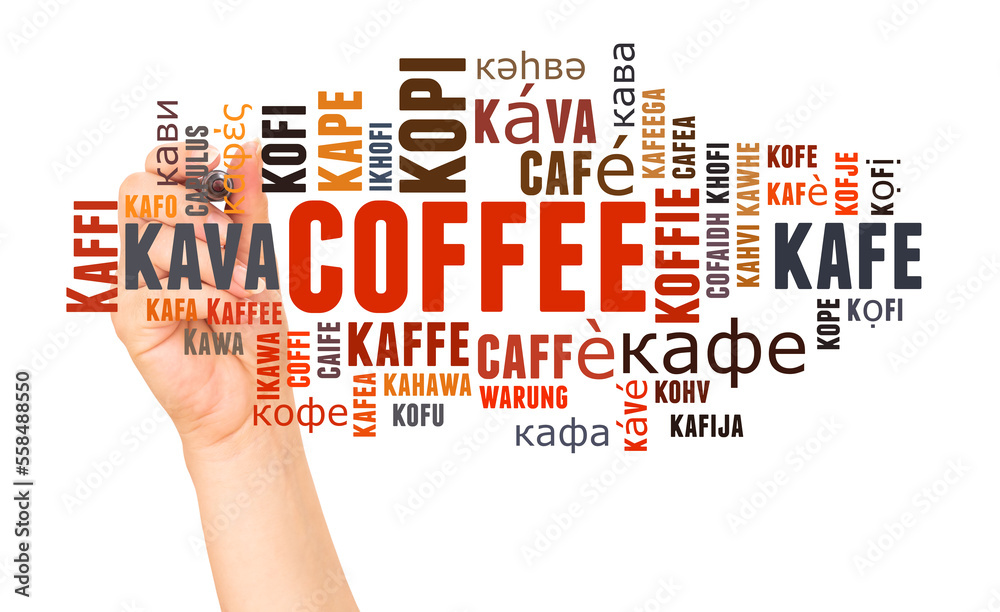 Coffee in different languages word cloud and hand with marker Stock
