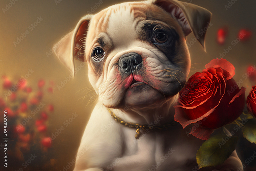 Portrait von einem süßen Hund mit einer Rose im Mund zu Valentinstag
