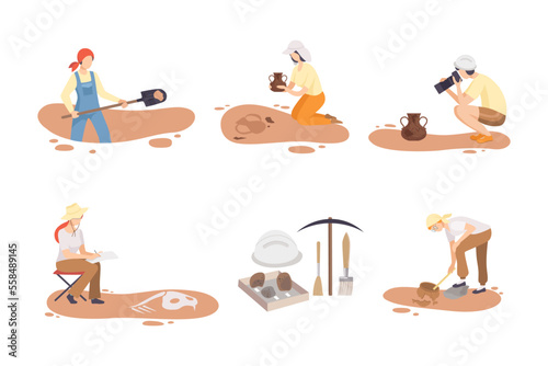 Archeologists digging and finding historical artifacts with archeological tools set cartoon vector illustration