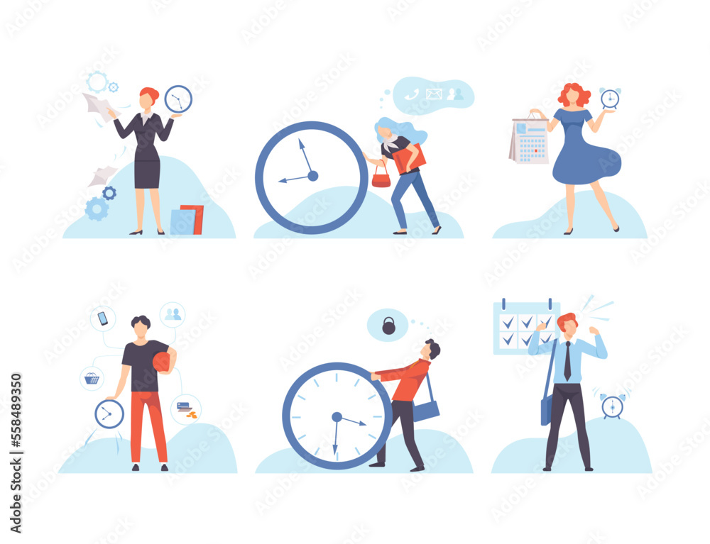 Business people working near dial watch. Deadline, time management and business planning flat vector illustration