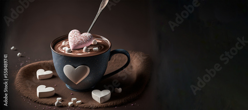 Fotografiet Mug of rich and creamy hot cocoa with marshmallows,Valentines Day ,copyspace tex