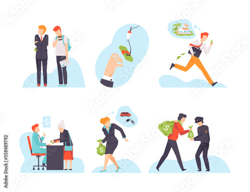 Corruption and bribery concept. Business people taking cash bribe from partner or client. Corrupted business or financial crime flat vector illustration