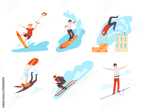 People performing extreme sports set. Surfing, parkour, skydiving, slackline, skiing flat vector illustration