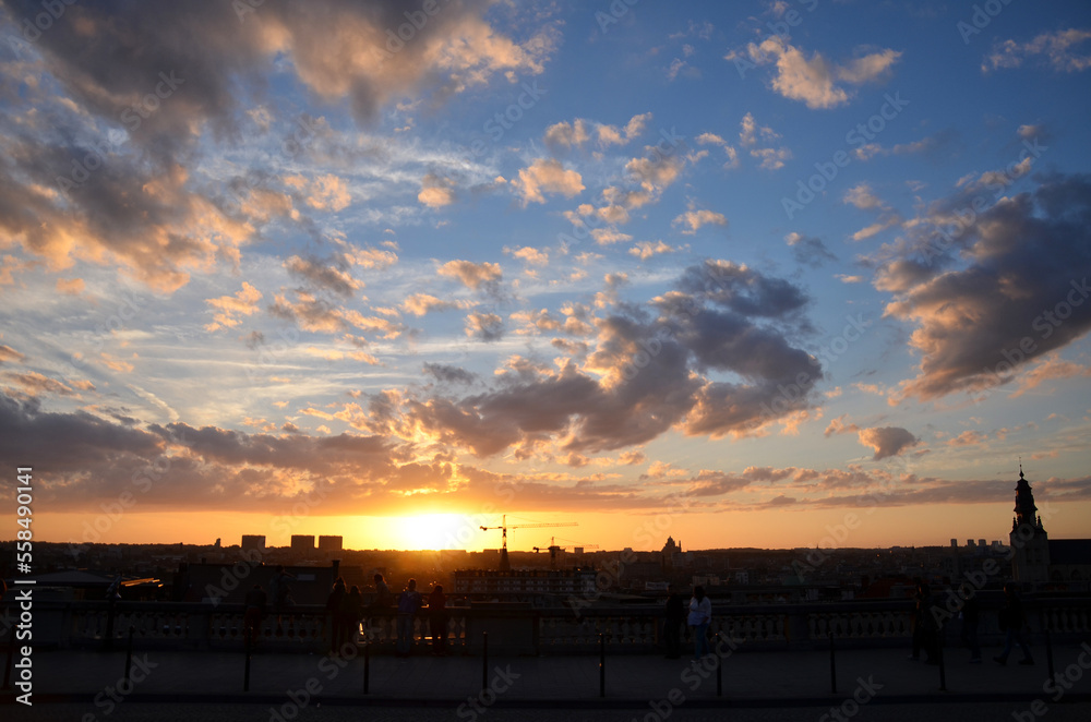 Sunset with clouds in city of Belgium