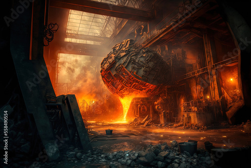 A giant metal factory with molten metal being worked on.