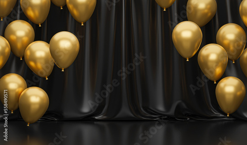 Golden balloons on black background with curtains. Luxury black and gold scene. Floor with reflections. 3d rendering