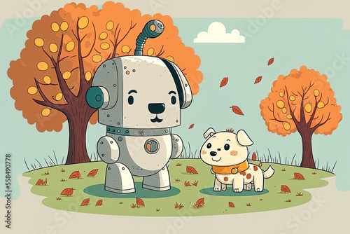 Fall dogs playing outside with a friendly robot. Generative AI