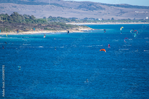 Kitesurfing on Valdevaqueros beach, Gibraltar Strait, Spain