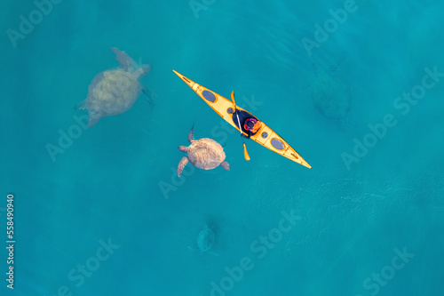 Kayak swimming among sea turtles boat blue turquoise water ocean, sunny day. Concept banner travel Turkey, aerial top view photo