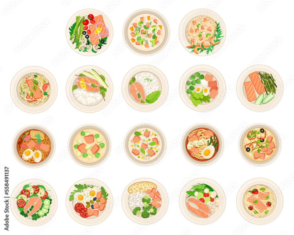 Salmon Dishes as Tasty Seafood Meal Served on Plate Big Vector Set Salmon Dishes as Tasty Seafood Meal Served on Plate Big Vector Set