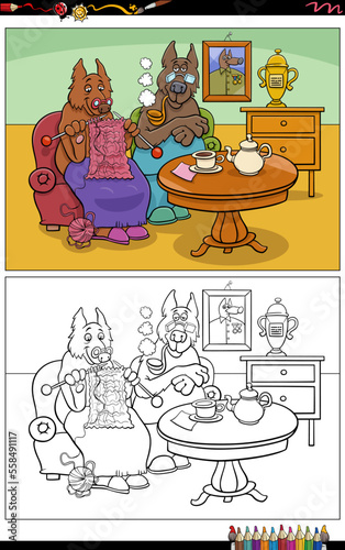 cartoon senior dogs couple at home coloring page