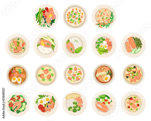 Salmon Dishes as Tasty Seafood Meal Served on Plate Big Vector Set