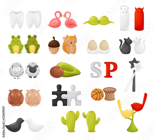 Cute salt and pepper shakers set. Couple of puzzle, owlet, frog, cat, flamingo, animal, tooth, sheep ceramic mills cartoon vector
