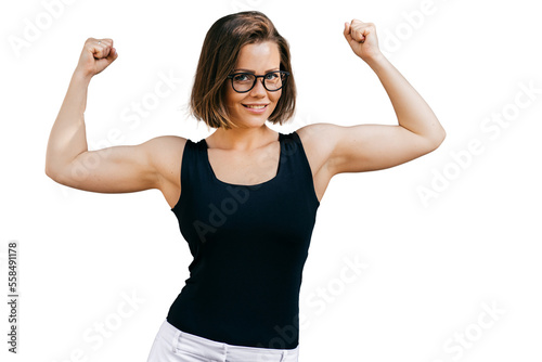Strong fitness girl with short hair dressed casual, demonstrates her biceps outdoor over transparent background. Beautiful Italian Young woman with short hair shows muscles.