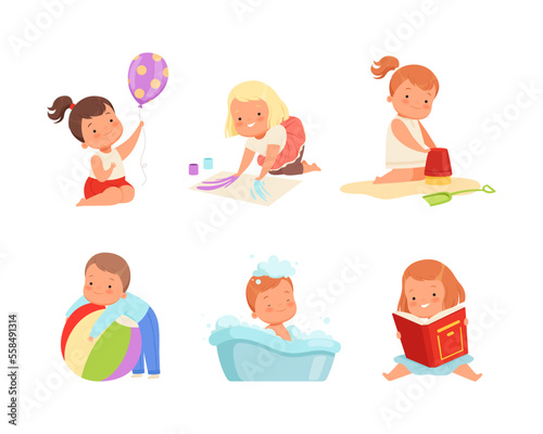 Toddler baby in everyday activities set. Adorable boys and girls playing toys, painting with fingerprints, bathing, reading books cartoon vector illustration