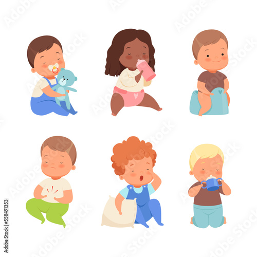 Toddler baby in everyday activities set. Adorable boys and girls playing toys, eating, sleeping cartoon vector illustration