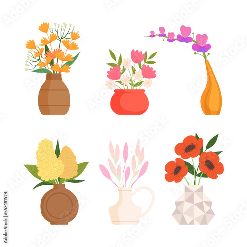 Set of flower bouquets. Bright summer blooming flowers in vases cartoon vector illustration