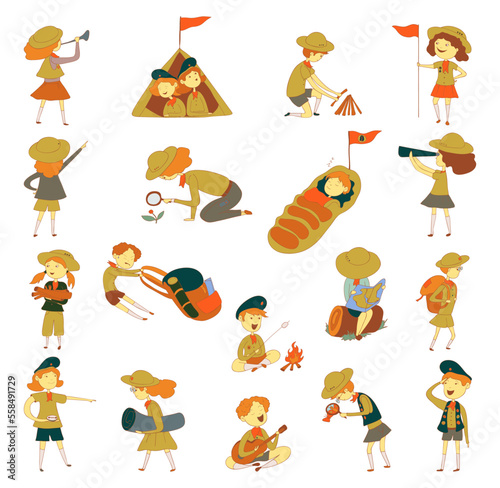 Scouting boys and girls set. Cute children in scouts uniform with hiking equipment doing outdoor activities cartoon vector