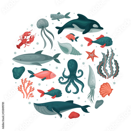 Marine animals in round shape. Underwater world, sea creatures banner, poster, card design template cartoon vector
