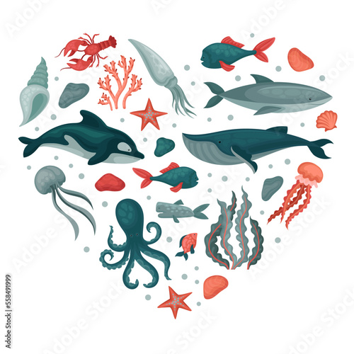Marine animals in heart shape. Underwater world, sea creatures banner, poster, card design template cartoon vector