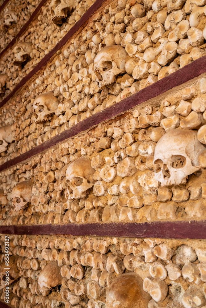 Human skull bone chapel in Portugal with skulls in the wall