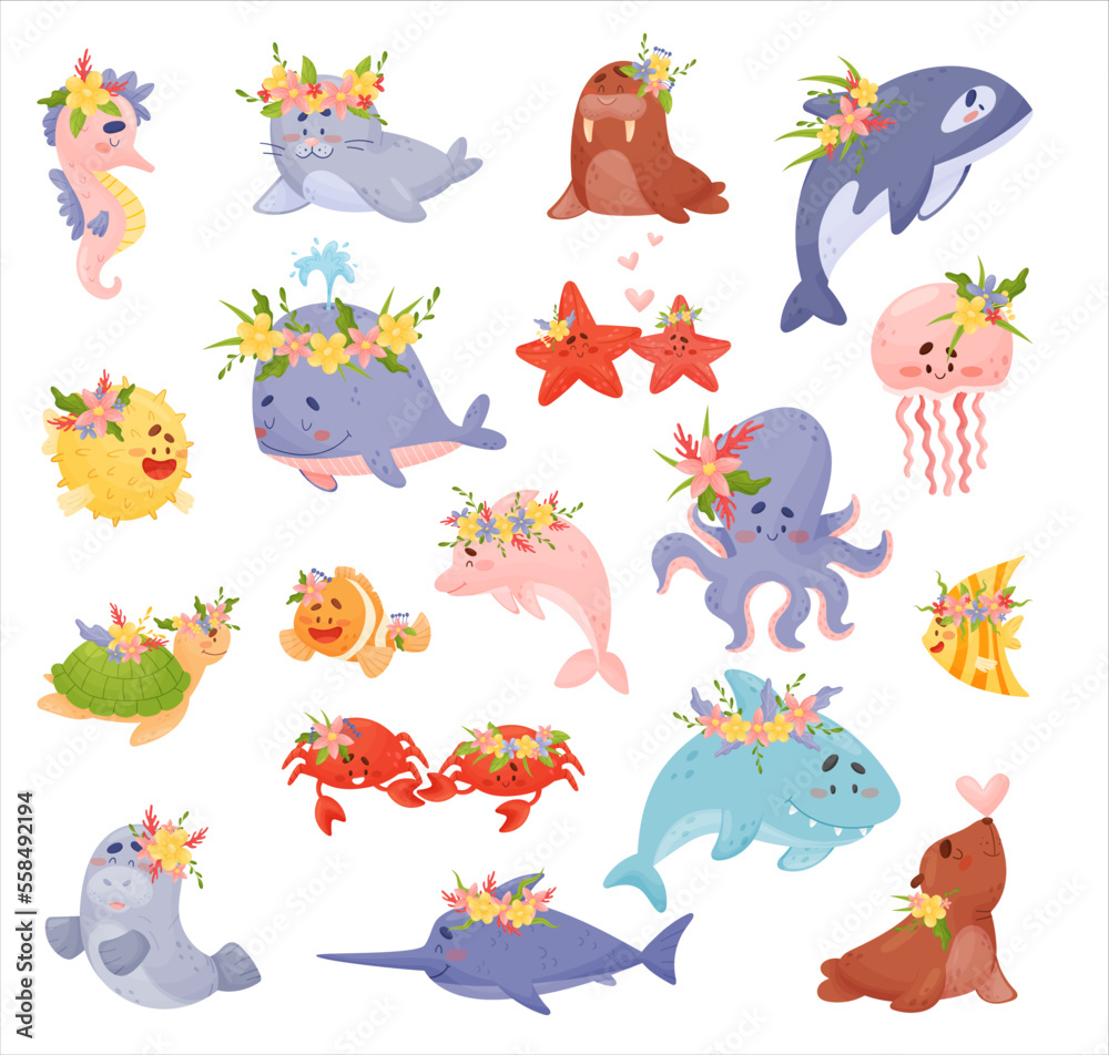 Sea Animals Wearing Flower Wreath on Its Head Big Vector Set Sea Animals Wearing Flower Wreath on Its Head Big Vector Set
