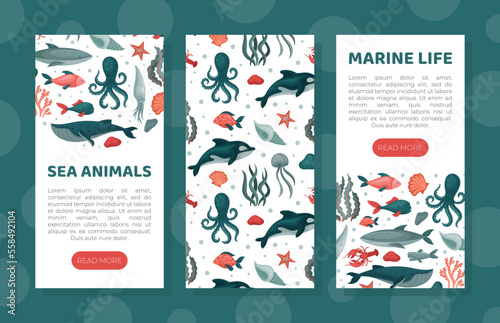 Sea animals wen banner templates set. Marine life, underwater sealife mobile app, website interface with sea creatures seamless pattern cartoon vector